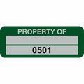 Lustre-Cal Property ID Label PROPERTY OF 5 Alum Green 2in x 0.75in 1 Blank Pad & Serialized 0501-0600, 100PK 253740Ma2G0501